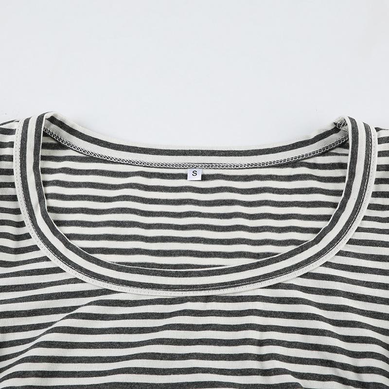 Long sleeve round neck striped drawstring top