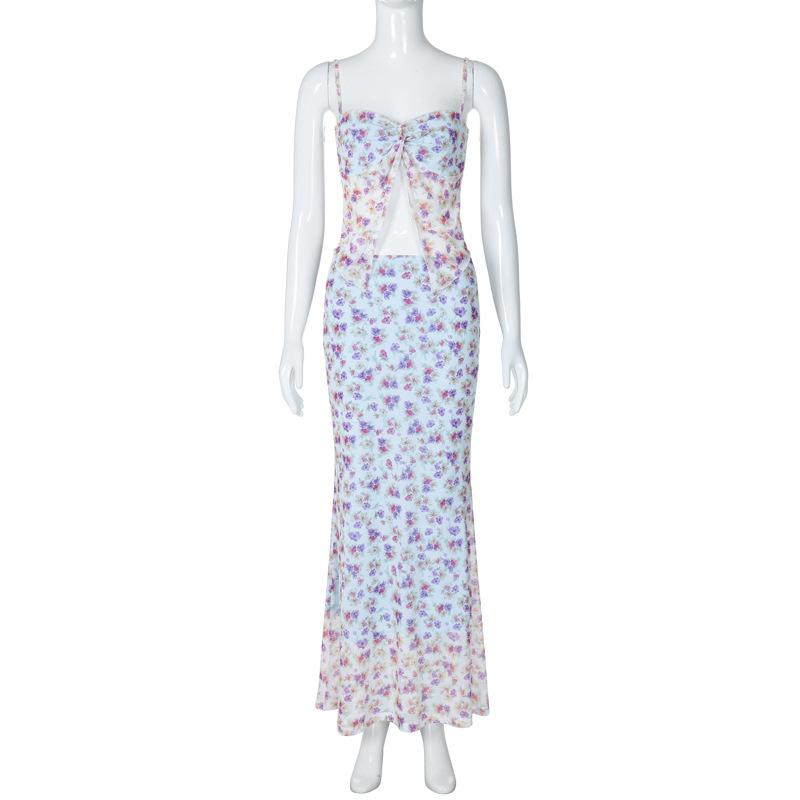 Print ruched high slit sweetheart neck mesh cami maxi skirt set