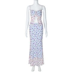 Print ruched high slit sweetheart neck mesh cami maxi skirt set