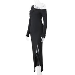 Off shoulder long sleeve slit solid maxi dress