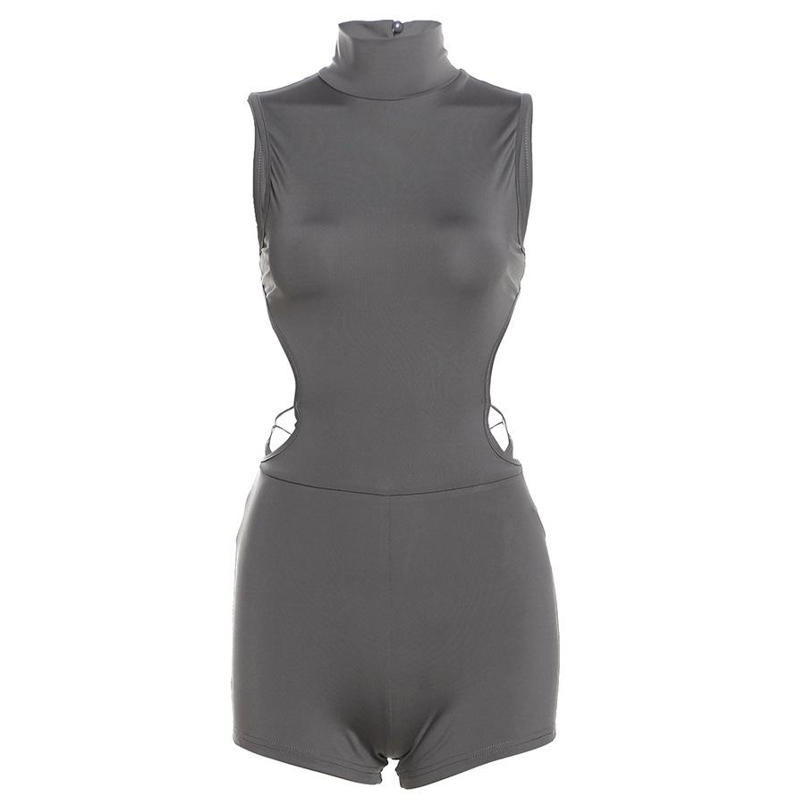 Sleeveless high neck button backless romper