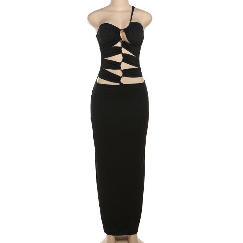 One shoulder hollow out metal applique maxi dress  | red tango dress