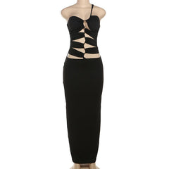 One shoulder hollow out metal applique maxi dress  | red tango dress