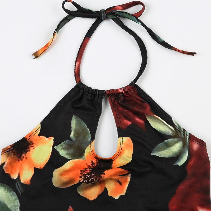 Halter drawstring ruched hollow out flower print top