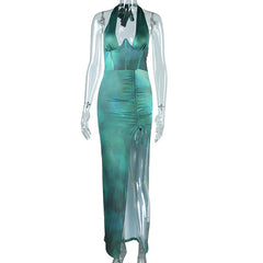 Halter corset deep v neck drawstring ruched slit maxi dress