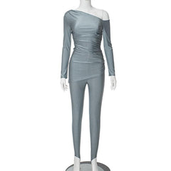 Ruched off shoulder long sleeve irregular solid pant set