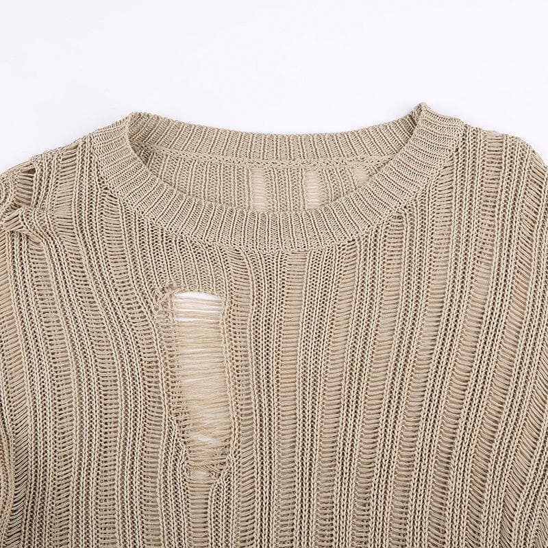 Irregular slit crewneck knitted long sleeve solid crochet top