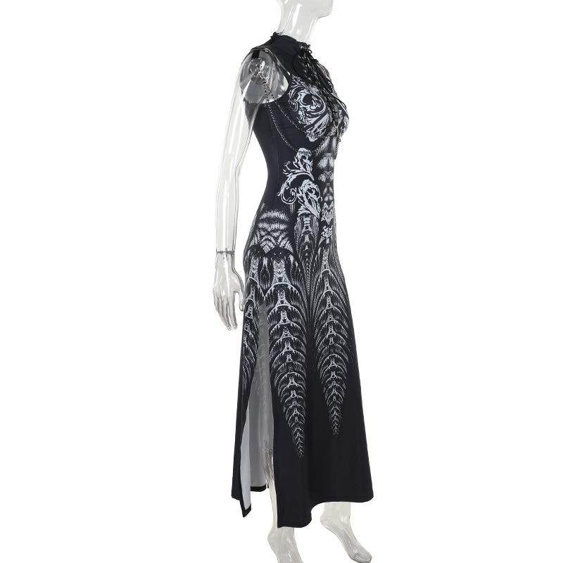 High neck lace up abstract print metal chain slit maxi dress