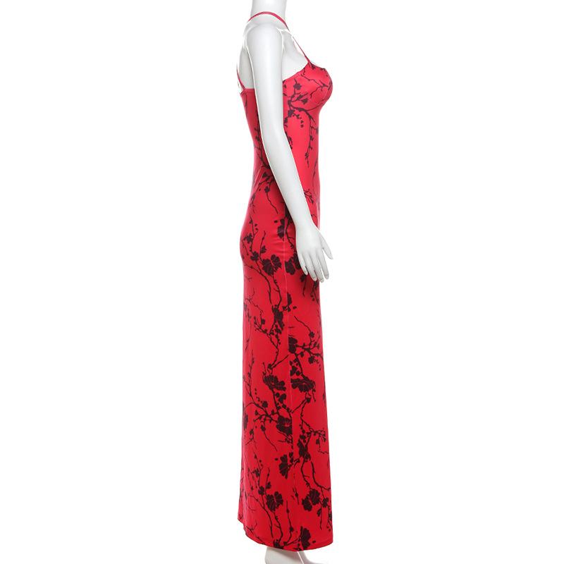 Print cross front ruched cami maxi dress  | red tango dress