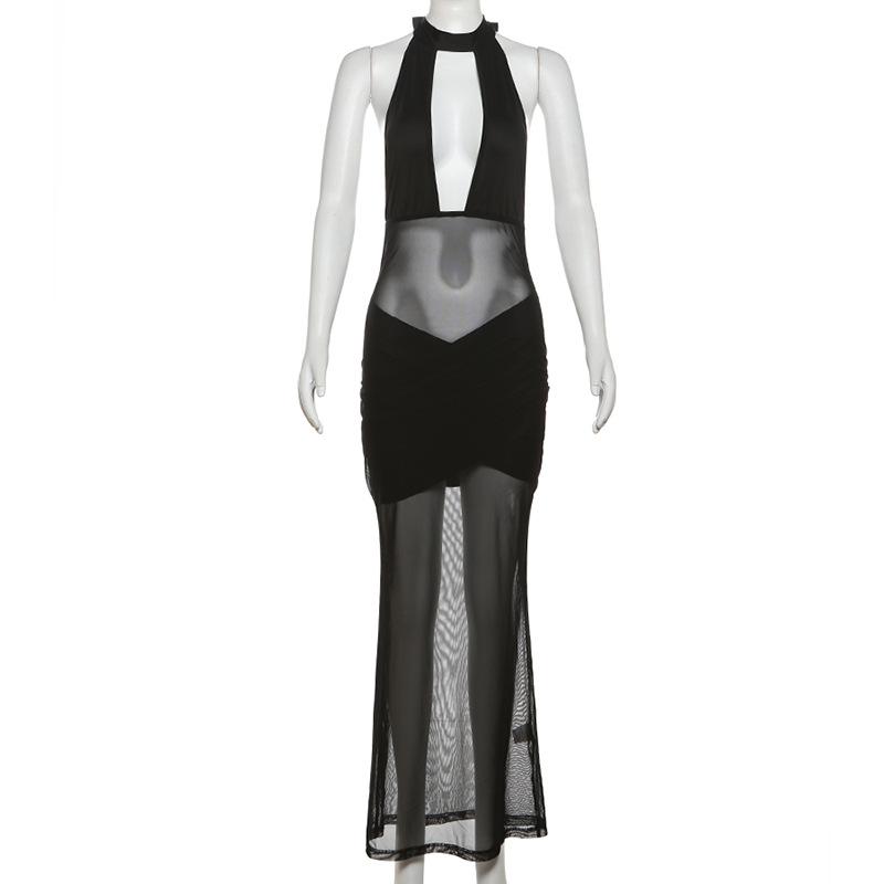 Halter hollow out mesh patchwork maxi dress