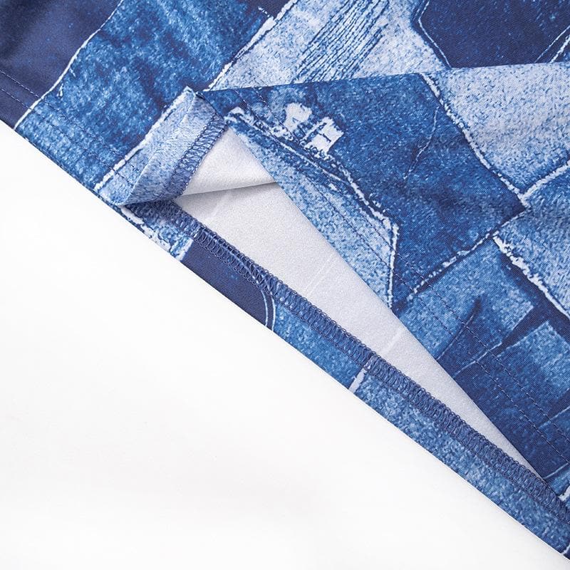 Self tie drawstring halter backless denim print contrast mini dress