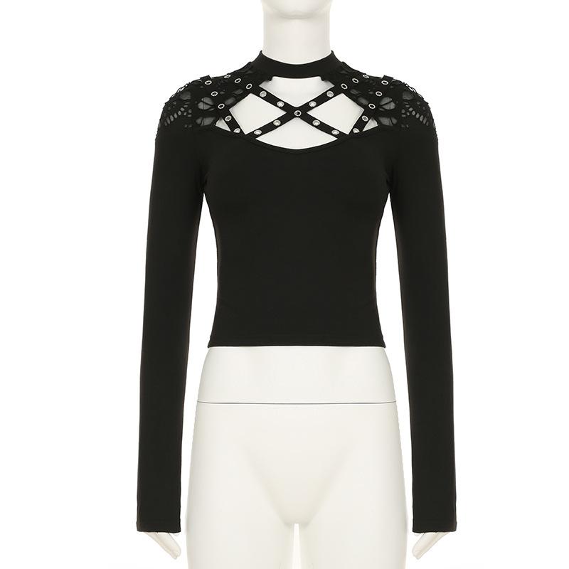 Long sleeve crewneck hollow out top