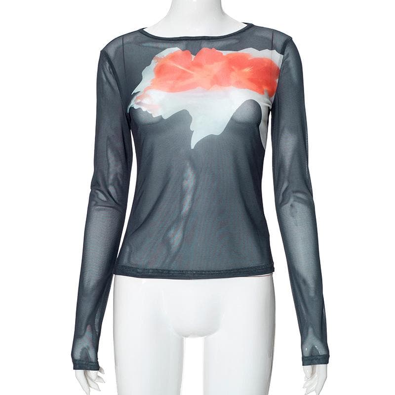 Long sleeve sheer mesh crewneck print top