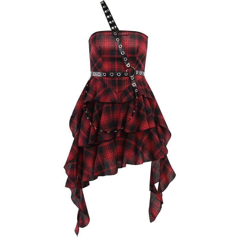 Ruffle plaid zip-up irregular one shoulder backless mini dress  | red tango dress