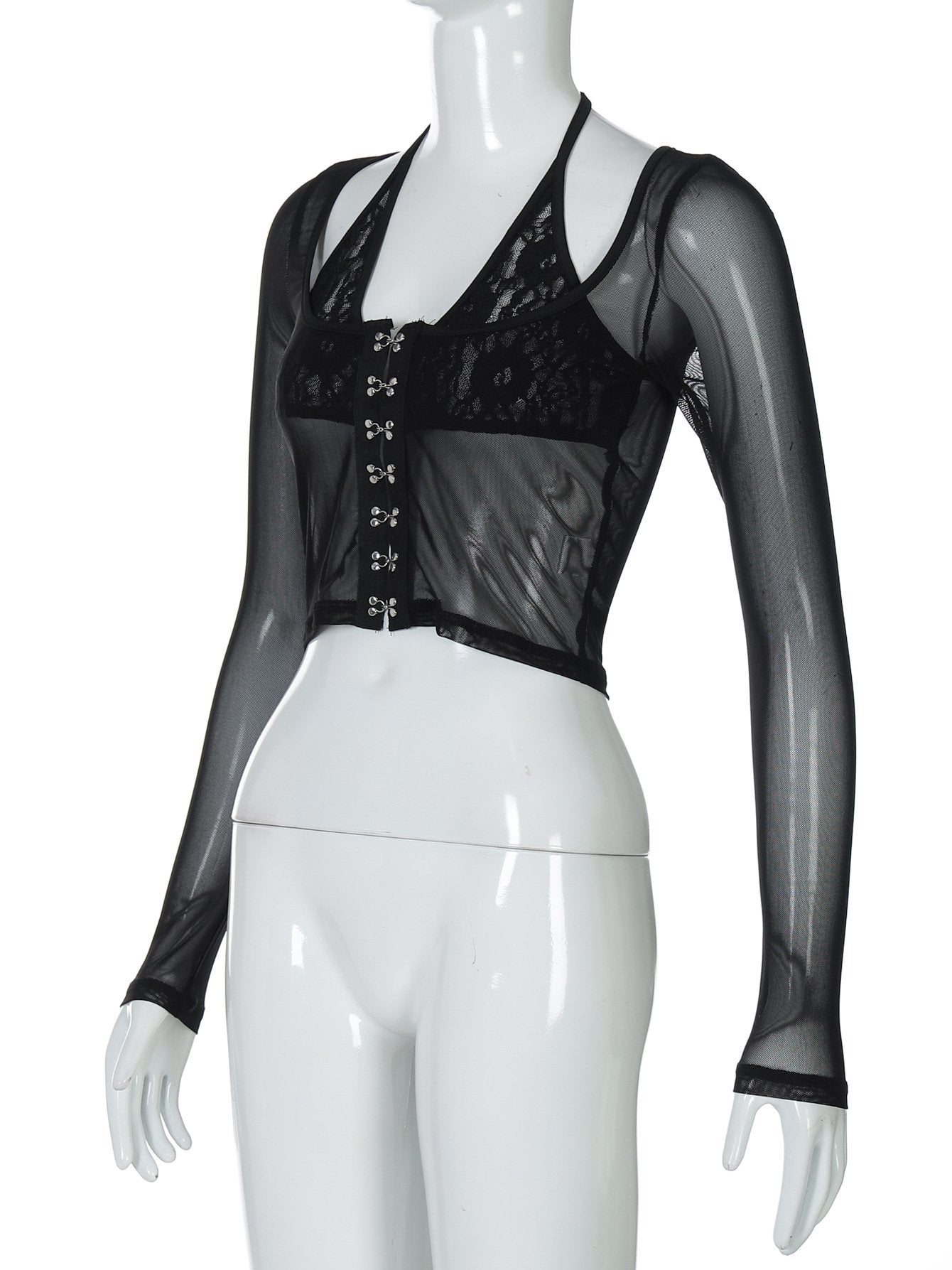 Halter long sleeve mesh lace hem button top