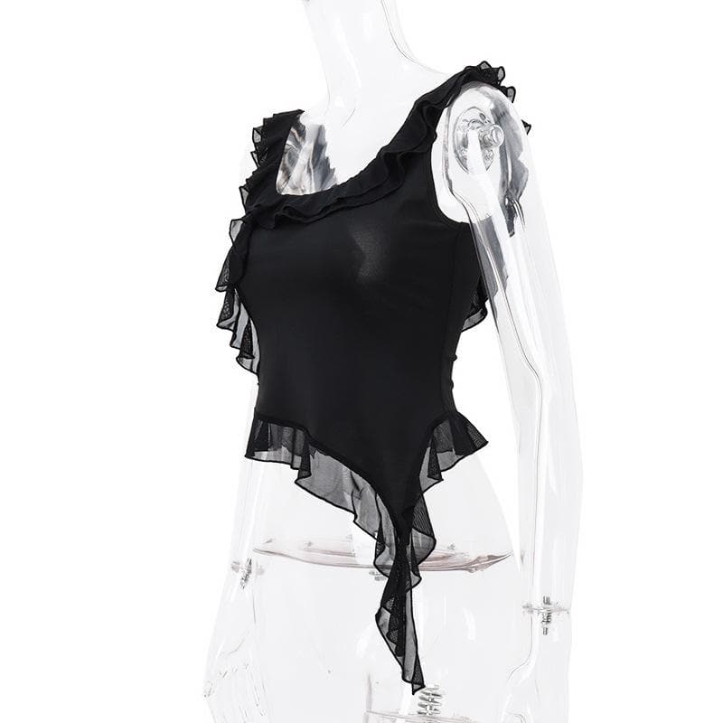 Ruffle u neck solid sleeveless irregular crop top