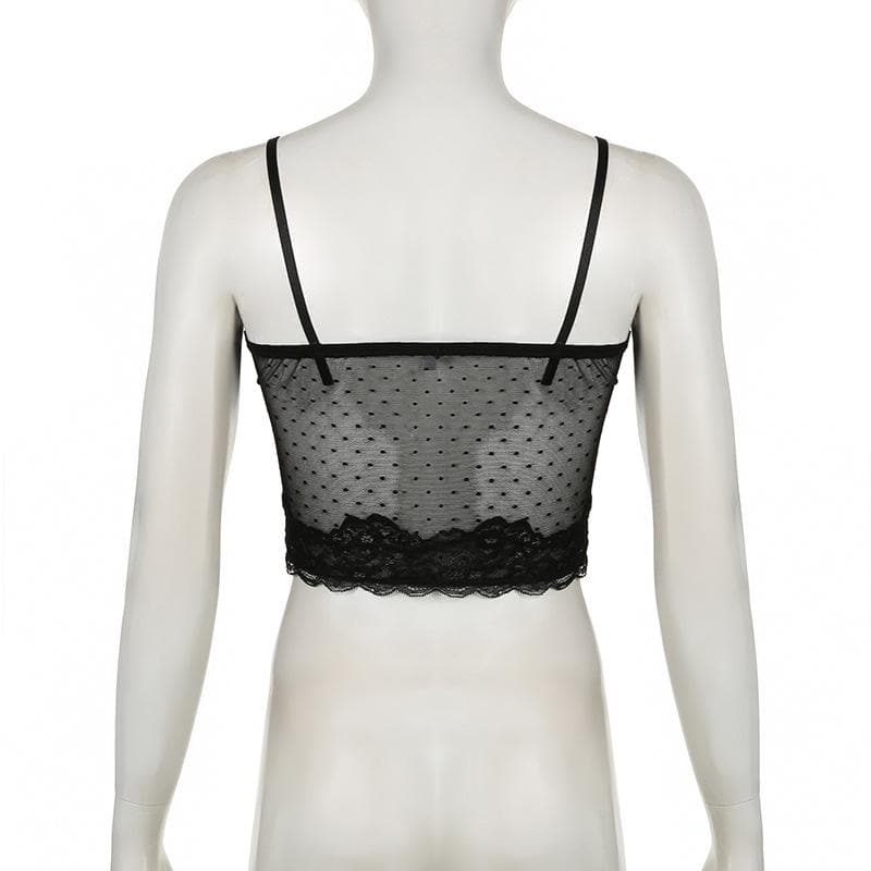 Mesh stitch see through lace hem polka dot cami top