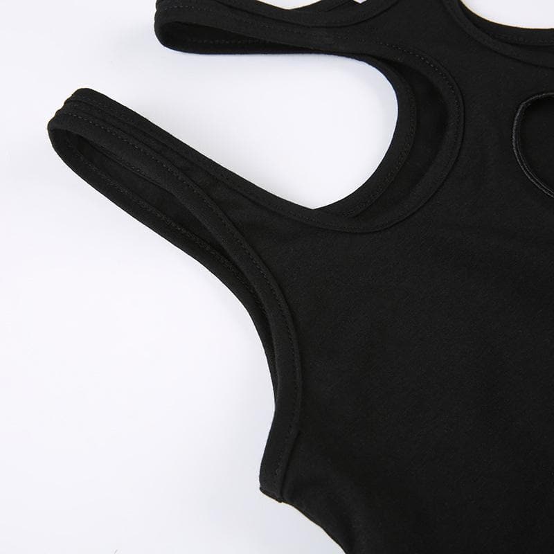 Mesh patchwork metal tag hollow out sleeveless solid bodysuit
