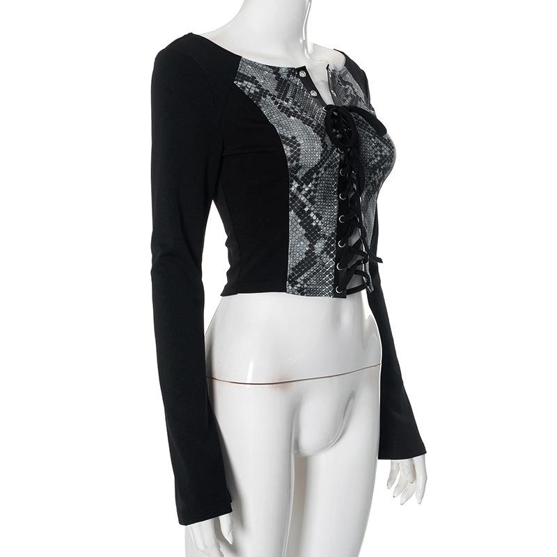 Long sleeve print lace up top