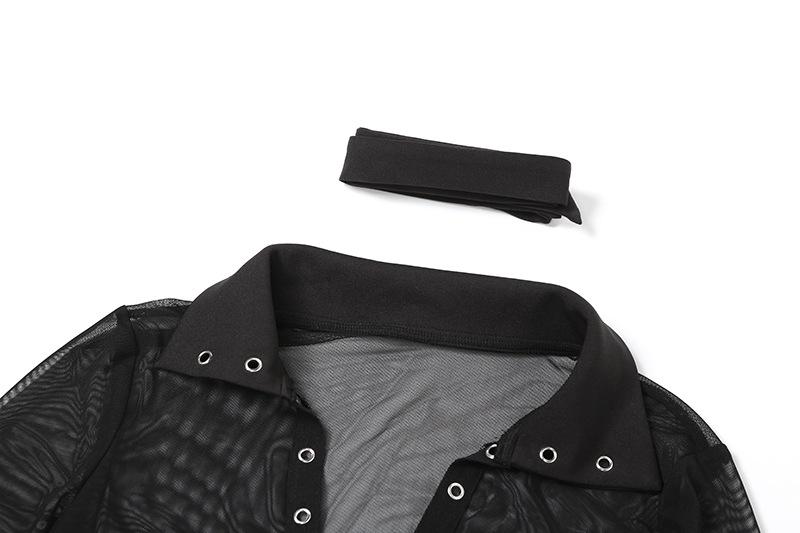 Turnover collar long sleeve mesh self tie top