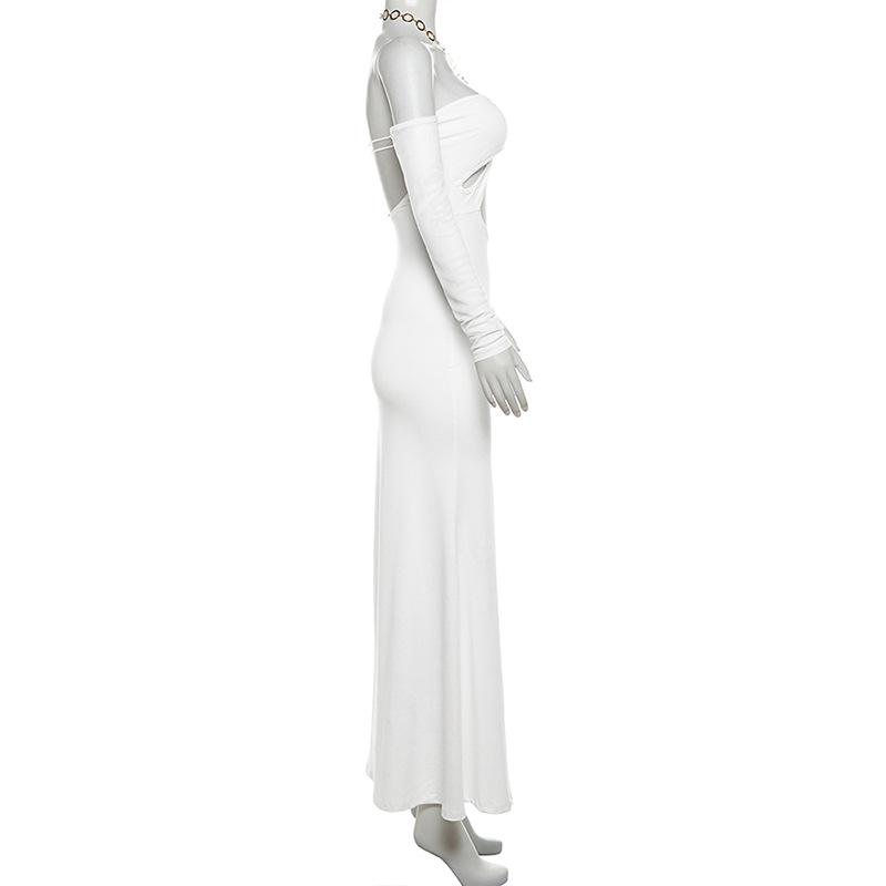 Halter o ring hollow out gloves metal chain mesh maxi dress
