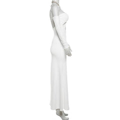 Halter o ring hollow out gloves metal chain mesh maxi dress