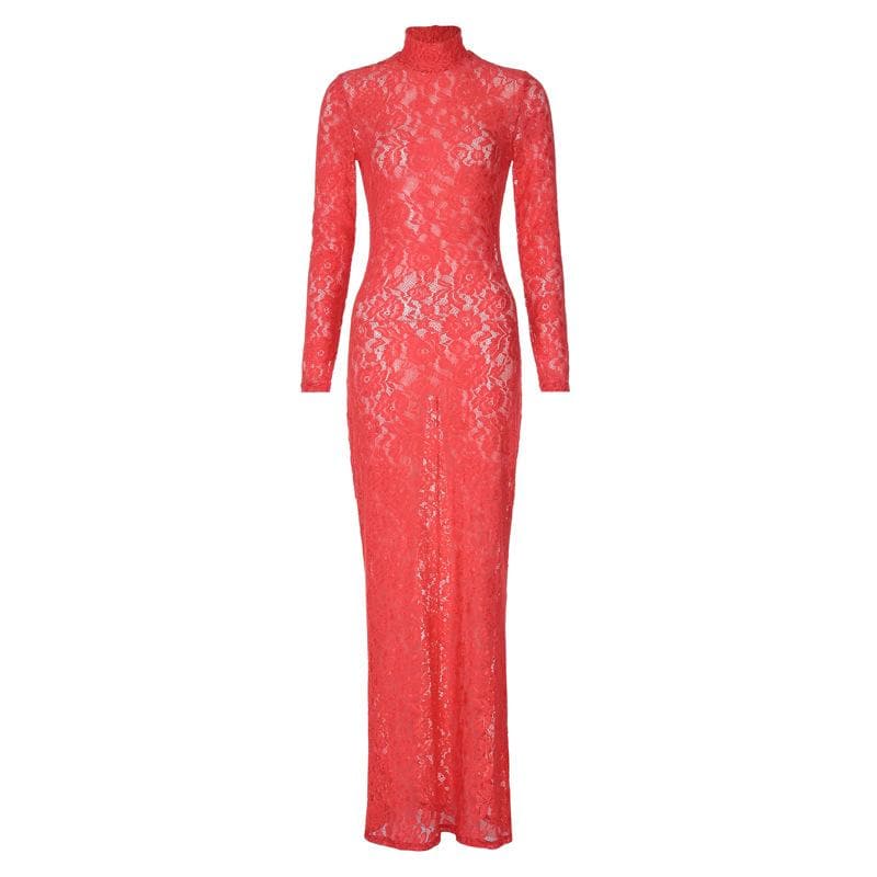 Long sleeve high neck see through lace maxi dress  | red tango dress
