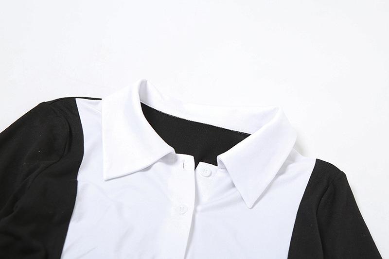 Turnover collar long sleeve button patchwork belt top