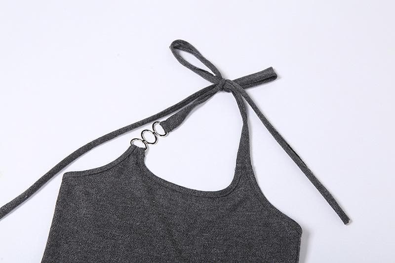 Long sleeve contrast halter o ring self tie irregular 2 piece crop top