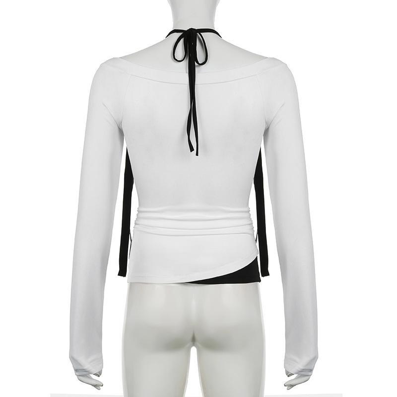 Halter v neck long sleeve bowknot top