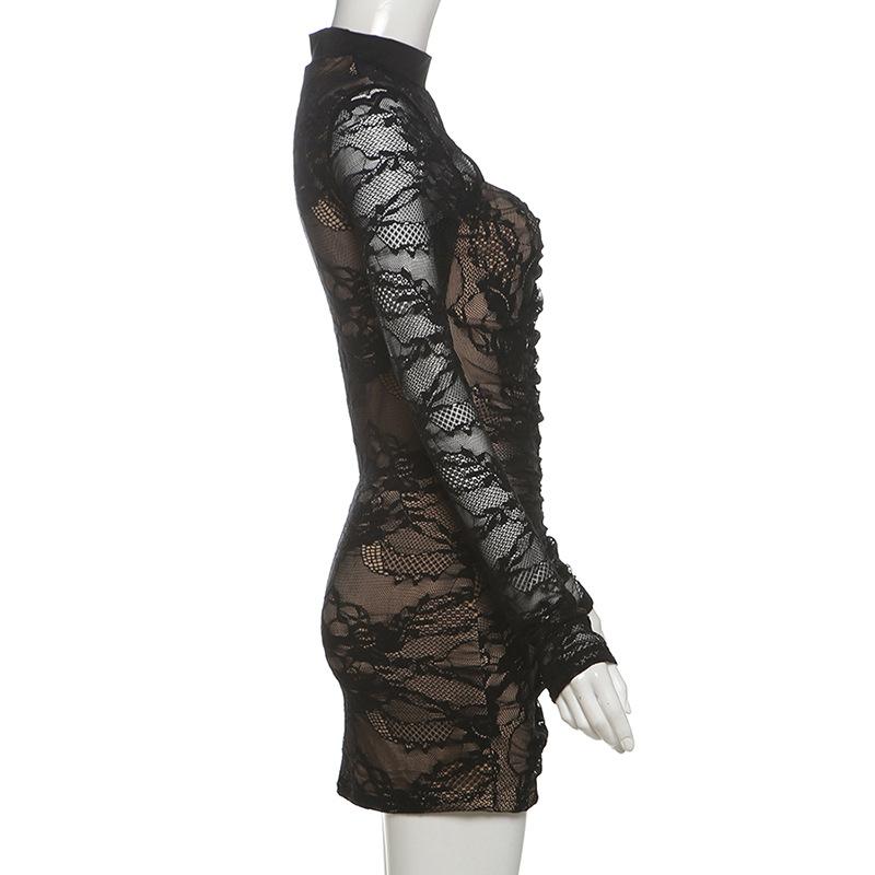 High neck long sleeve lace hollow out mini dress