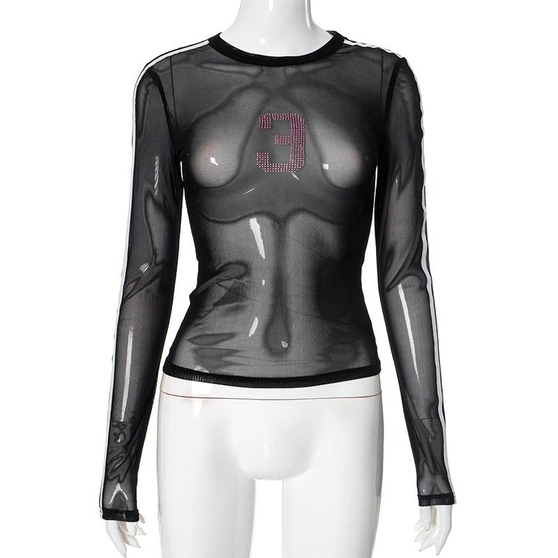 Long sleeve crewneck mesh beaded top