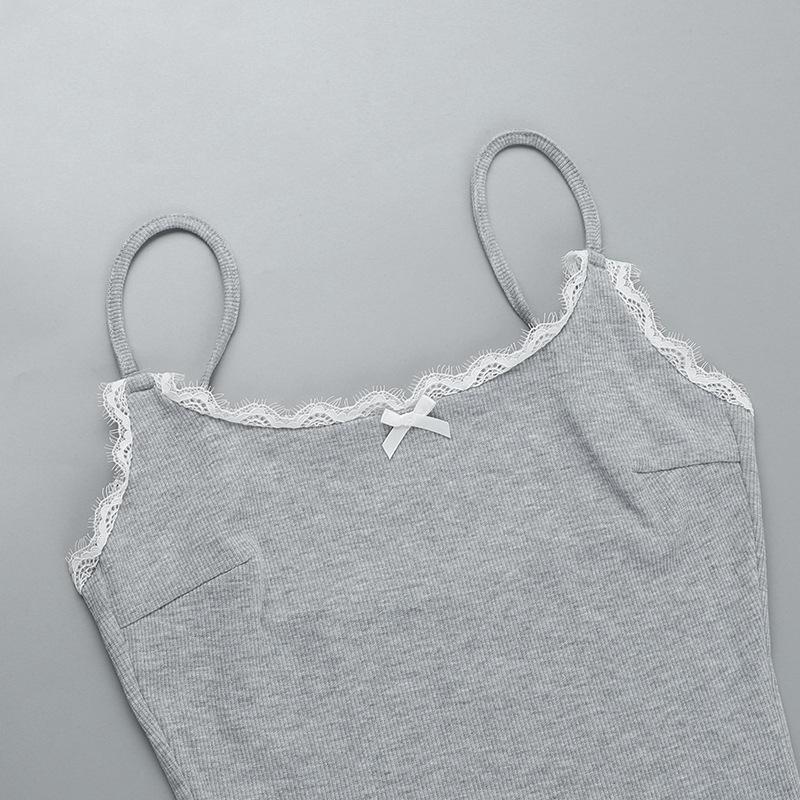 Bowknot lace hem ribbed cami romper