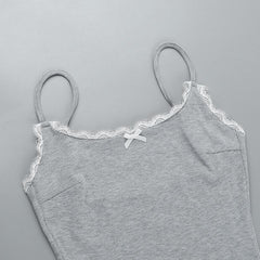 Bowknot lace hem ribbed cami romper