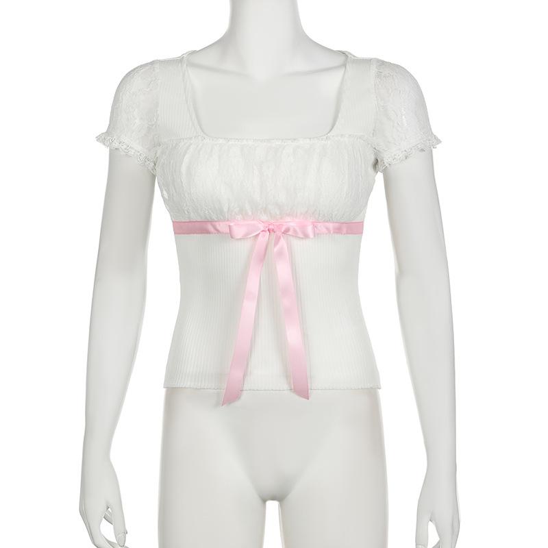 Short sleeve bowknot ribbon ribbed lace top
