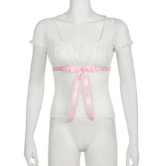 Short sleeve bowknot ribbon ribbed lace top