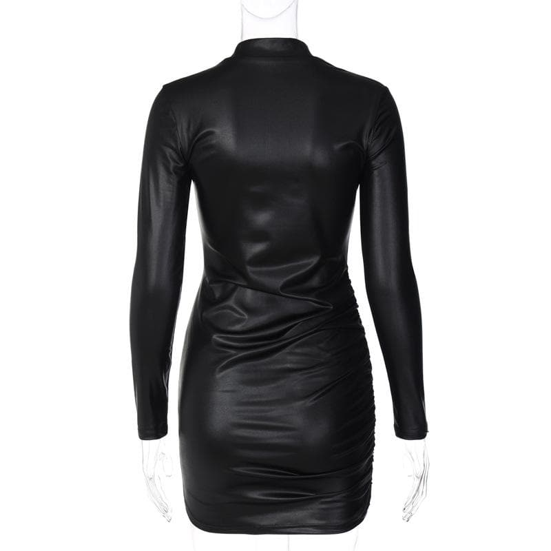 Ruched solid long sleeve high neck mini dress  | red tango dress