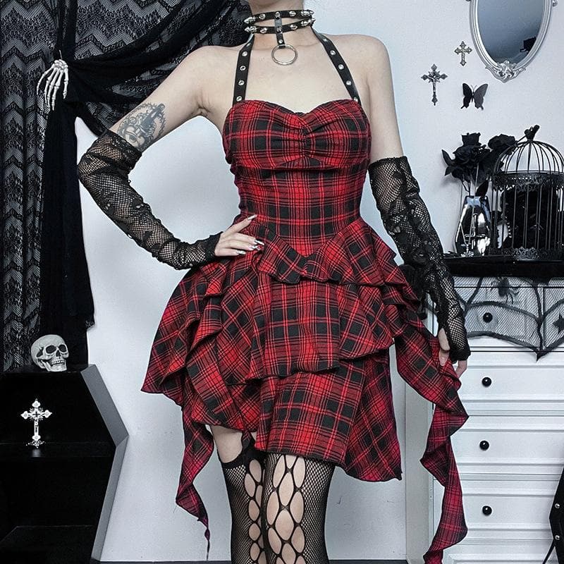 Zip-up halter contrast irregular plaid backless mini dress  | red tango dress