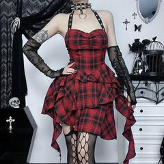 Zip-up halter contrast irregular plaid backless mini dress  | red tango dress