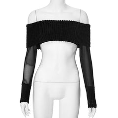 Long sleeve off shoulder ribbed patchwork mesh crop top