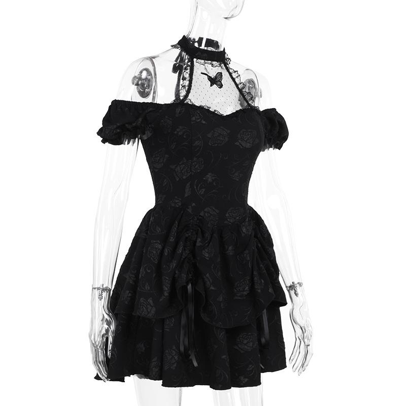 Short sleeve halter off shoulder butterfly flower pattern lace mini dress