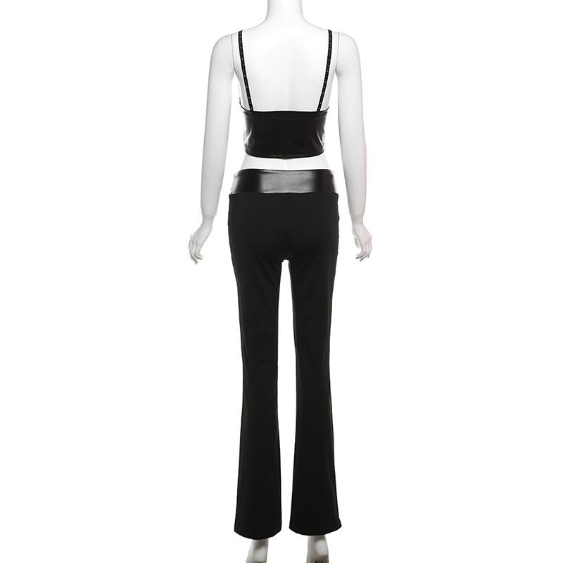 V neck PU leather lace up cami pant set
