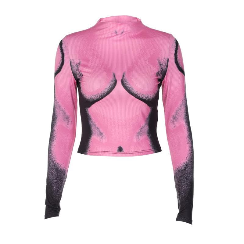 Long sleeve contrast high neck body print crop top