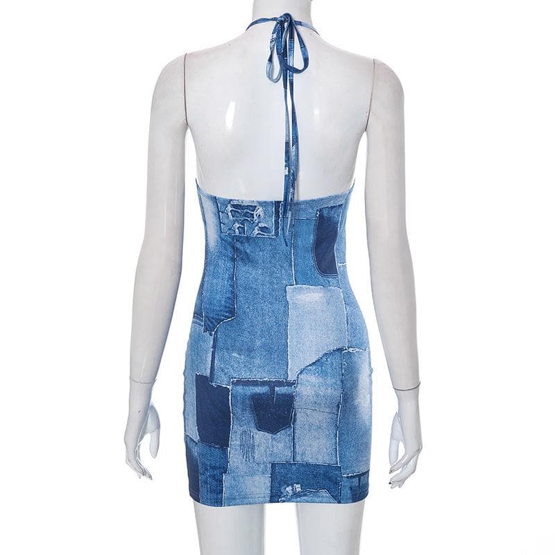 Self tie drawstring halter backless denim print contrast mini dress