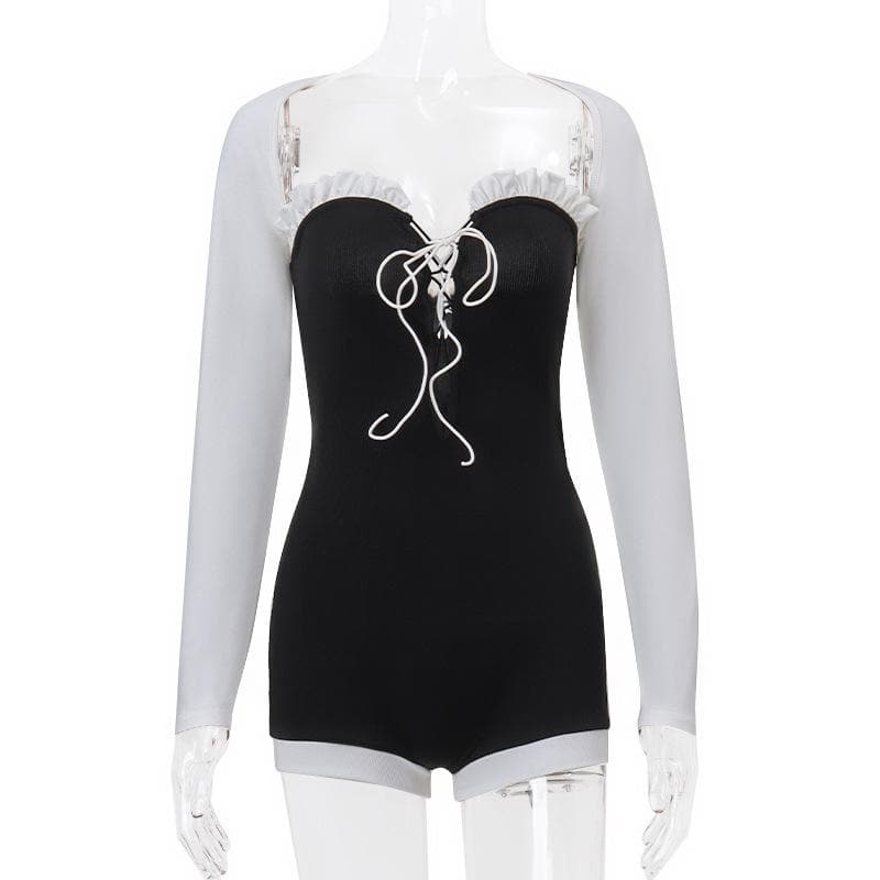Long sleeve lace up shrug ribbed contrast 2 piece romper