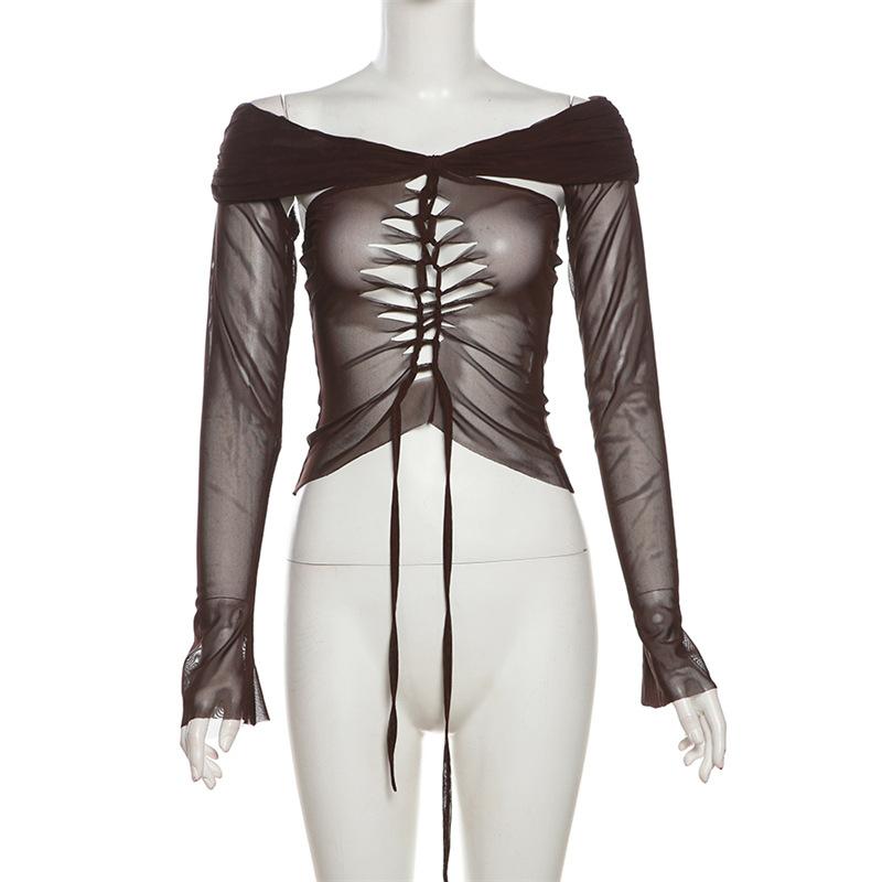 Long sleeve off shoulder lace up hollow out sheer mesh top