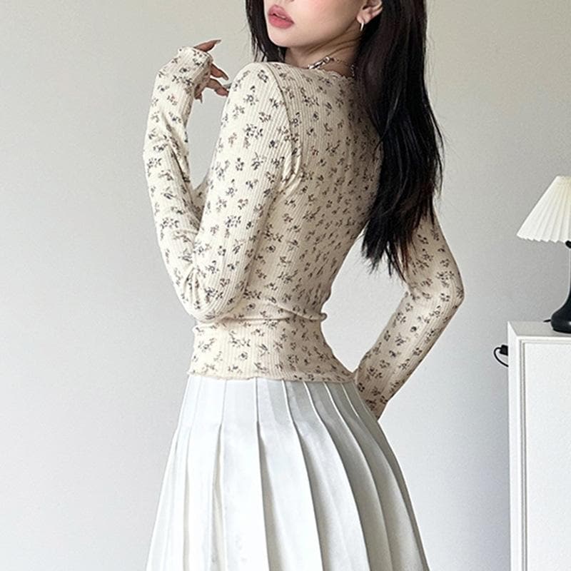 Flower print contrast long sleeve v neck lace hem top