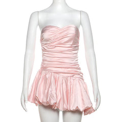 Ruched zip-up satin sweetheart neck backless mini dress