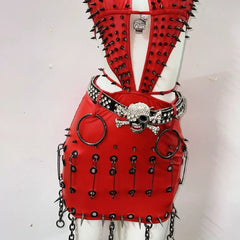 Halter rivet deep v neck PU leather metal chain mini dress