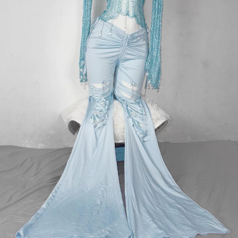 Halter knotted crystal pendant shrug hollow out ruched pant set